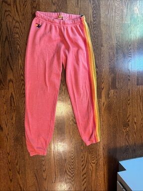 Aviator Nation Pink Sweatpants with Yellow & Orange Side Stripes